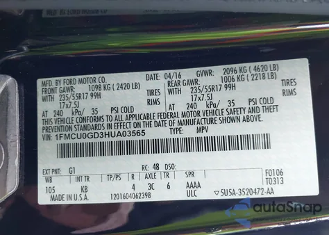 2017 Ford Escape Se z USA, uszkodzony, nr VIN 1FMCU0GD3HUA03565